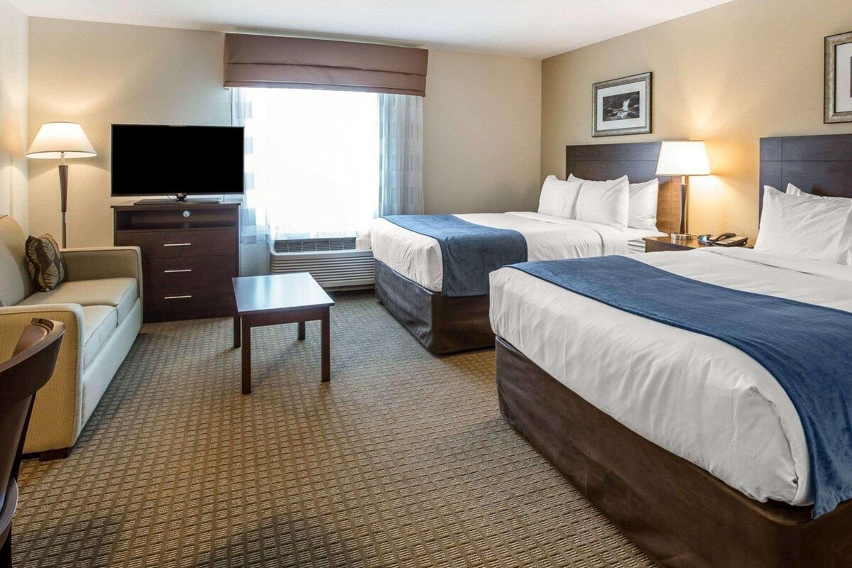 Hotelkamer met twee bedden, een televisie, een bureau, een stoel en een raam met gordijnen.