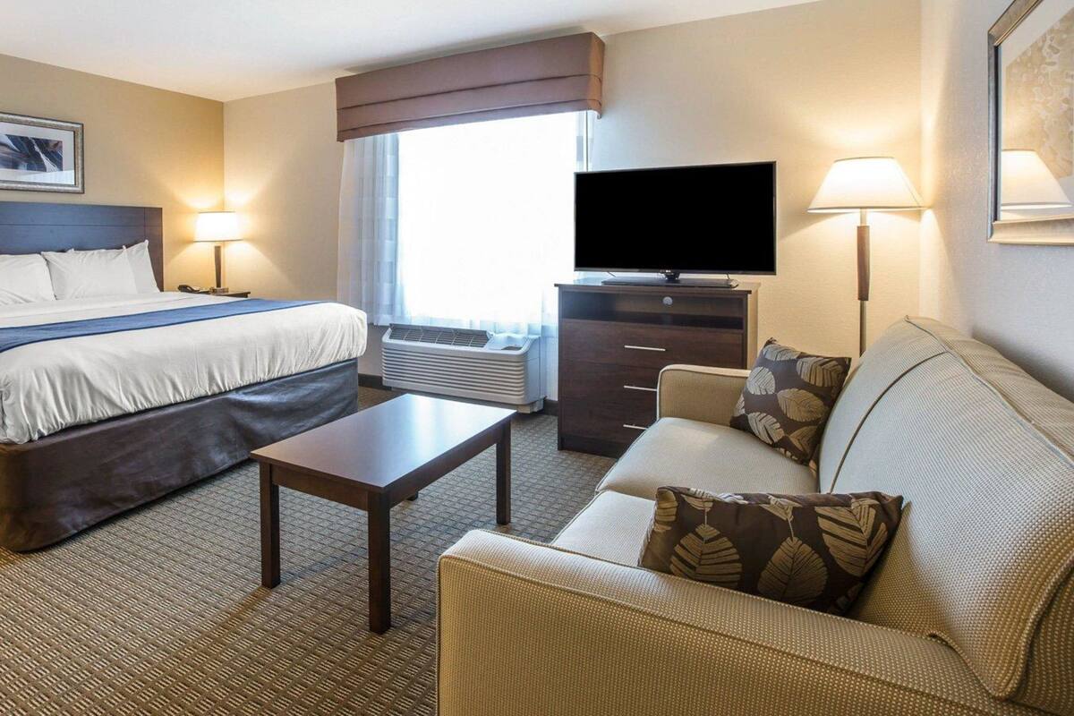 Een hotelkamer met een bed, een televisie, een bureau, een bank en een raam met gordijnen.