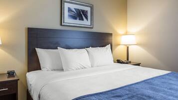 Habitación de hotel con una cama, una mesita de noche, una lámpara y un cuadro en la pared.
