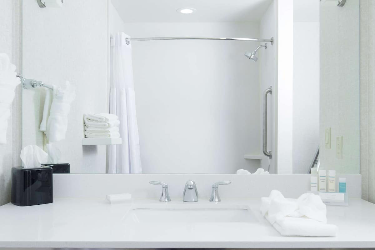 combined shower/bathtub, free toiletries, towels