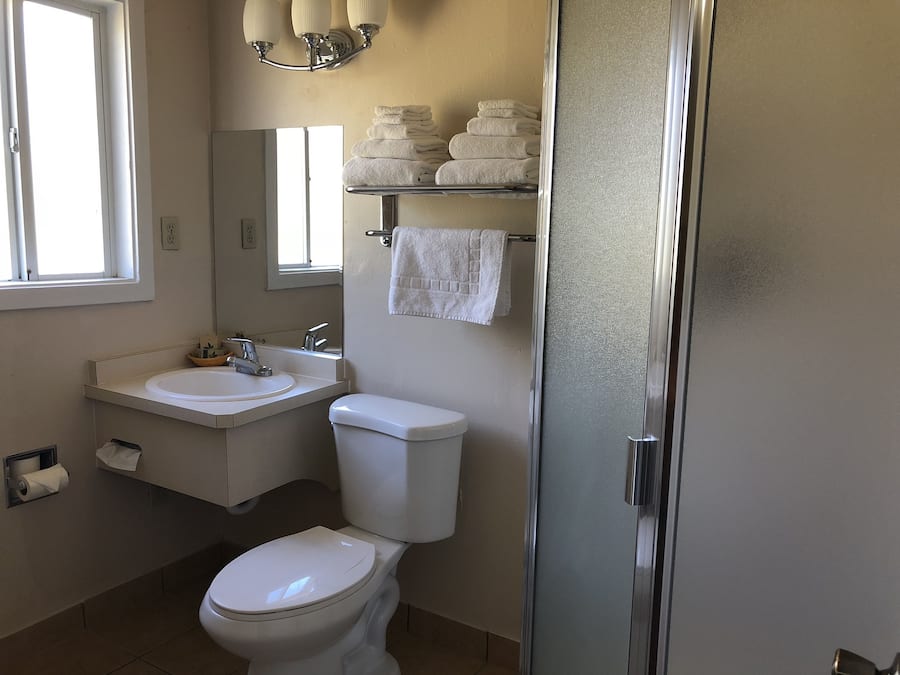 Shower, free toiletries, hair dryer