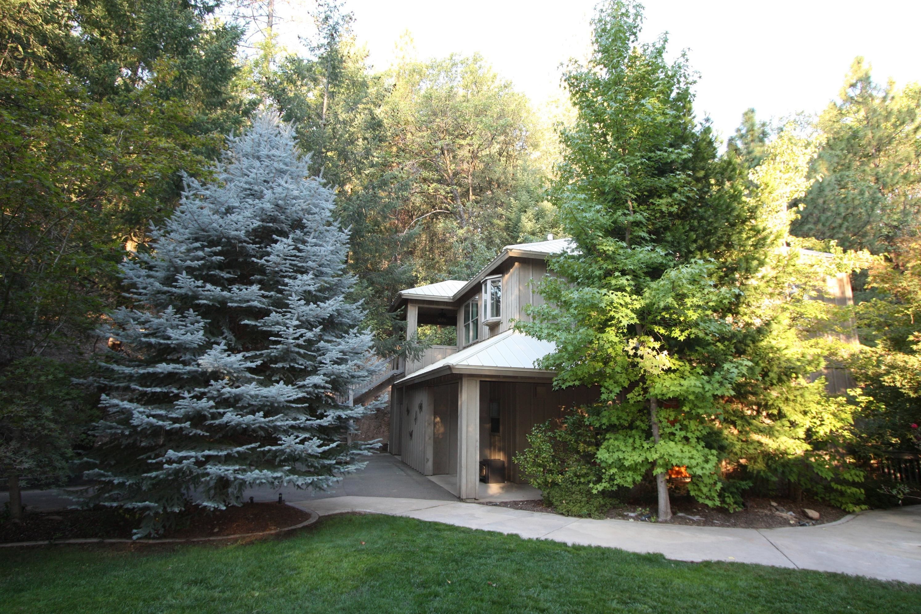 A house with a covered porch, surrounded by dense trees and a well-maintained lawn.