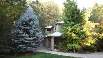 A house with a covered porch, surrounded by dense trees and a well-maintained lawn.