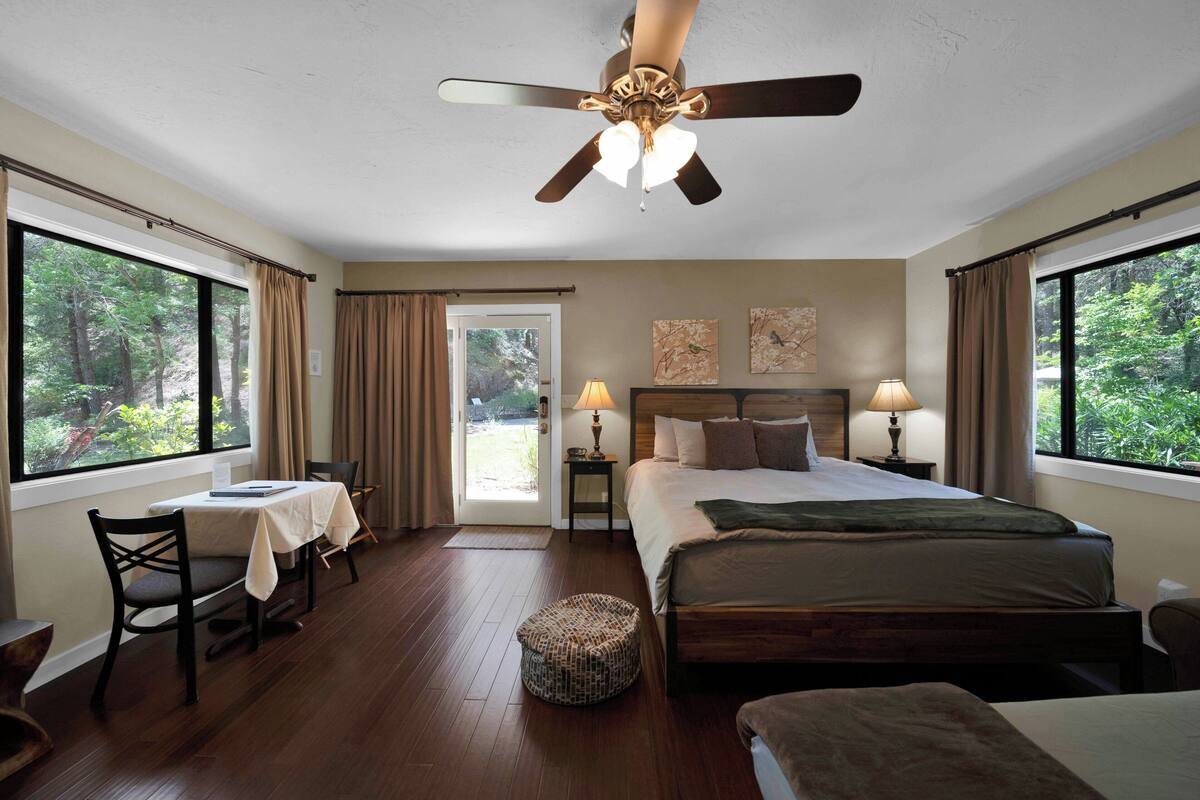 A hotel room with a bed, a desk, a chair, a ceiling fan, and large windows with curtains.