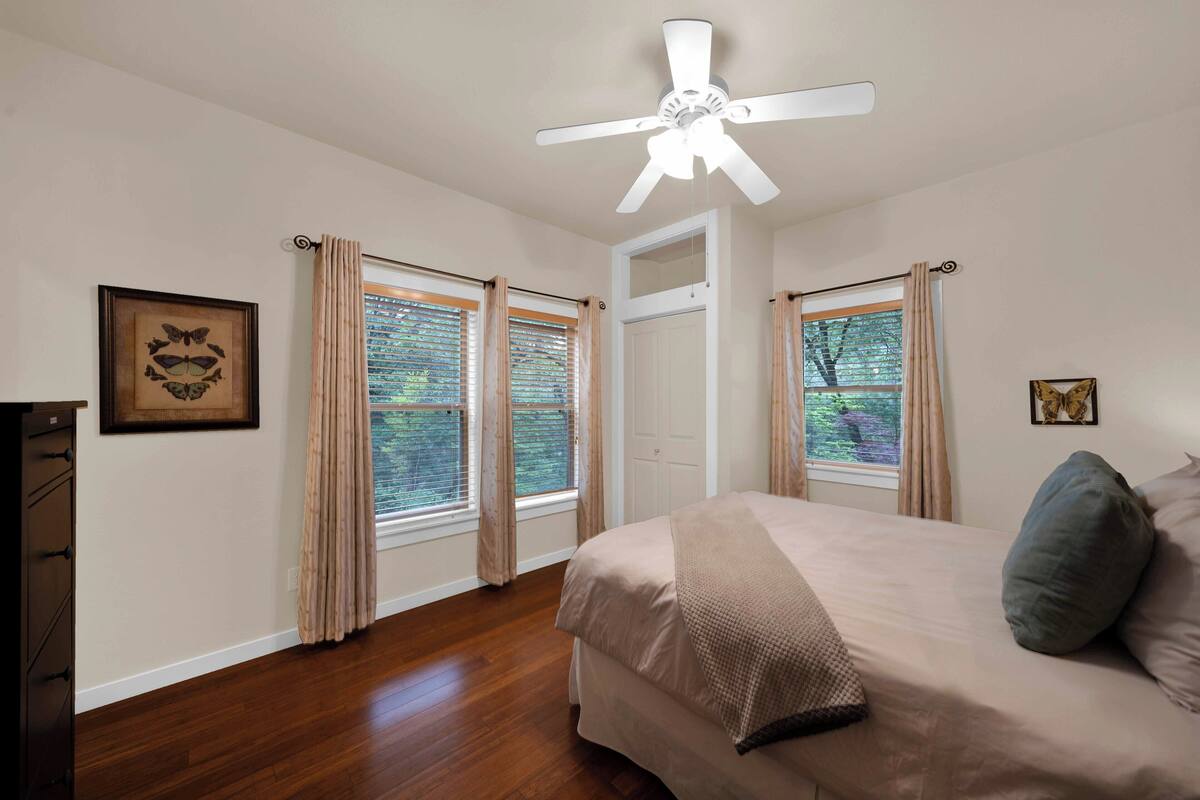 A bedroom with a bed, a ceiling fan, and two windows with curtains.
