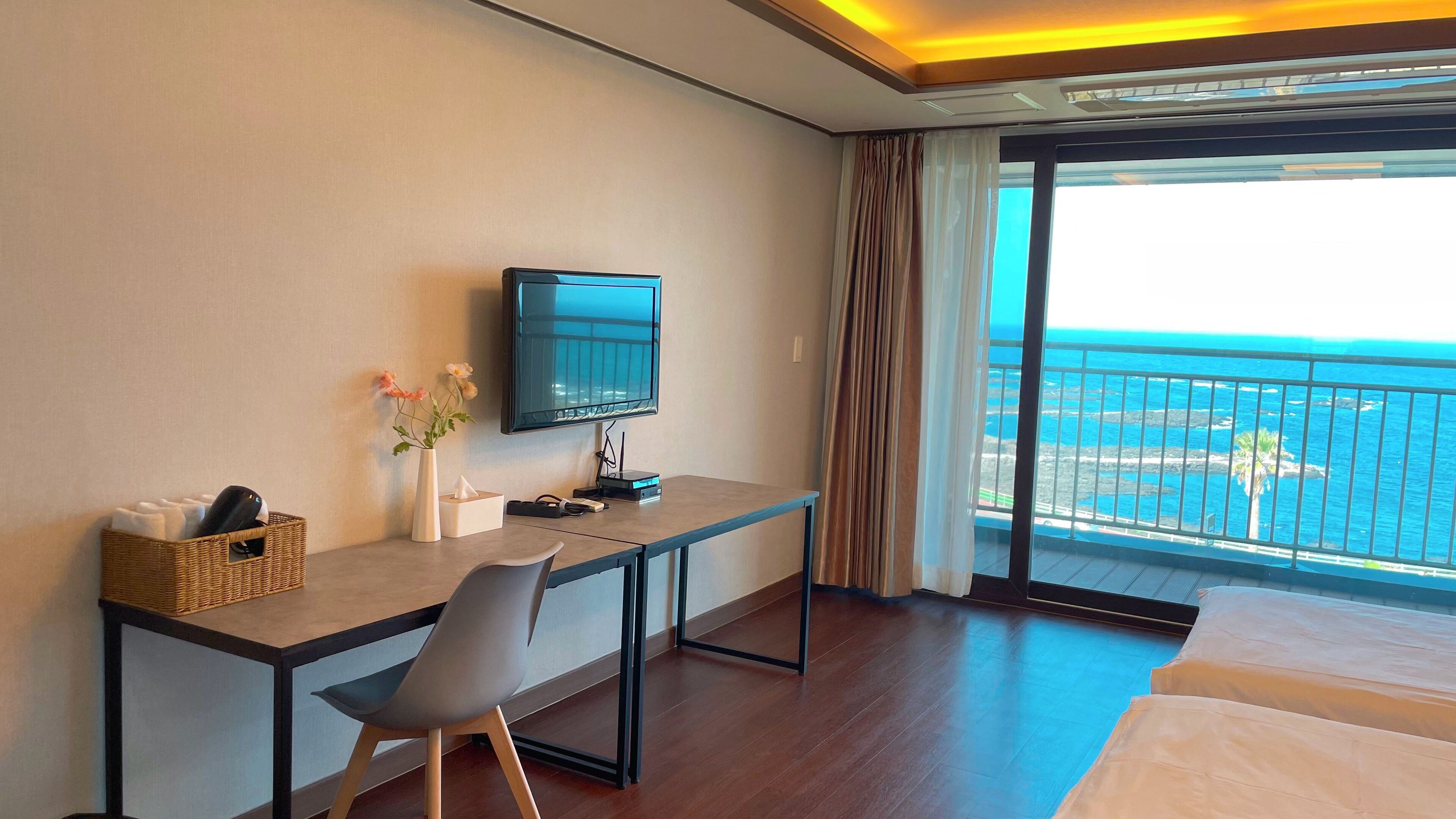 twin room for 2 | down duvets, desk, laptop workspace, blackout curtains