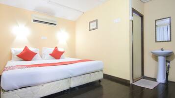 A hotel room with a bed, two red pillows, a white bedspread, an air conditioning unit, a white sink, and a framed picture on the wall.