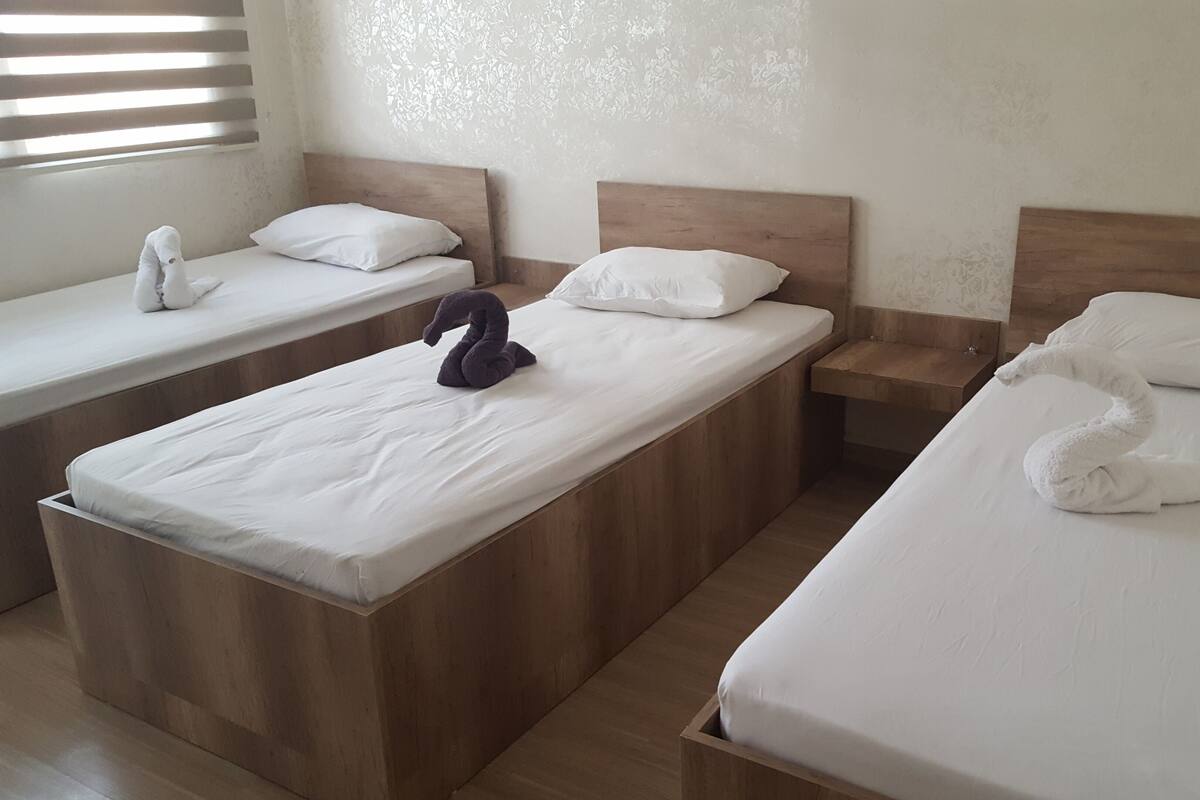Habitación de hotel con dos camas individuales, cada una con cabecero de madera y ropa de cama blanca. Hay dos mesitas de noche con lámparas y una ventana con persianas.