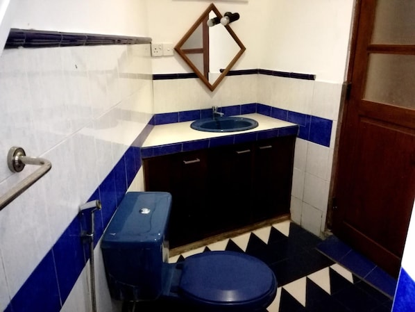 A small bathroom with a blue toilet, a sink, and a mirror. - Hasara Guest House (Galle)