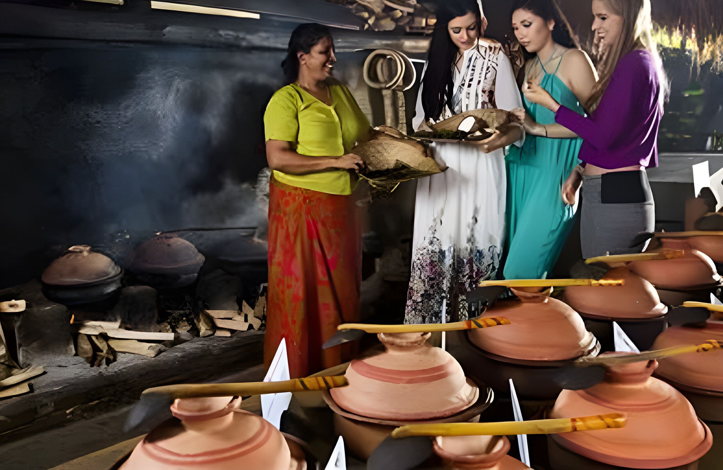 Un groupe de personnes participe à un atelier où l’on travaille la poterie, et où l’on peut voir des objets et des outils liés à cet art.