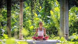 A person meditating in a natural setting with greenery and stone structures. - Garcinia Leaf (Hikkaduwa)