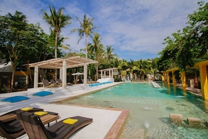 Outdoor pool, pool umbrellas, sun loungers