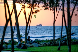 Vista al atardecer con un barco a lo lejos, árboles en primer plano y una persona sentada sobre la hierba.