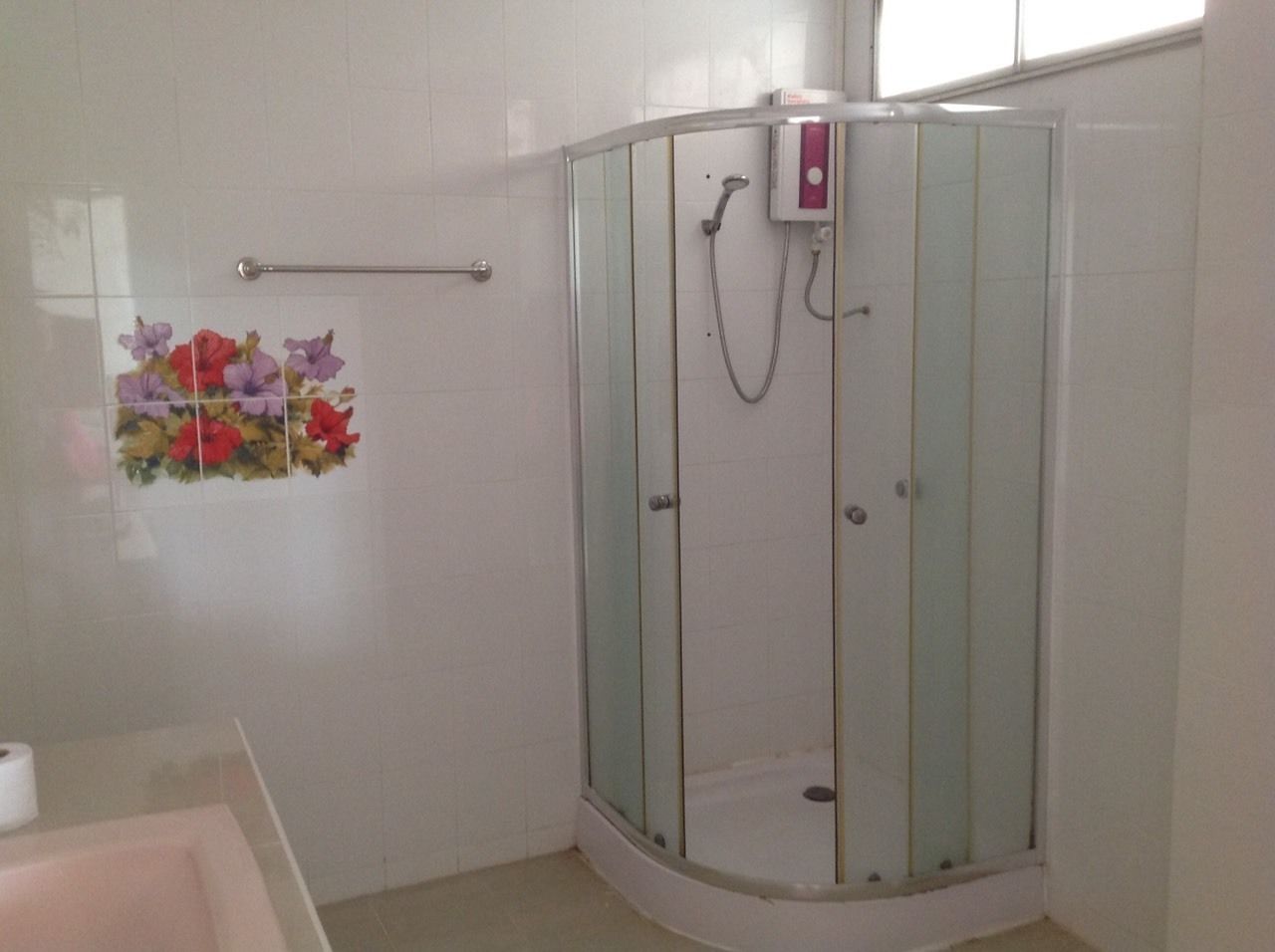 A shower with a glass door, a towel rack, and a floral decoration on the wall.