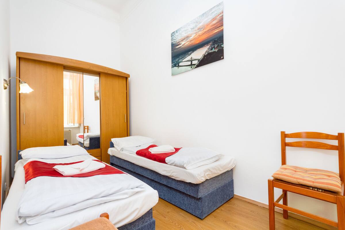 A room with two beds, a wooden chair, a painting, and a wooden wardrobe.