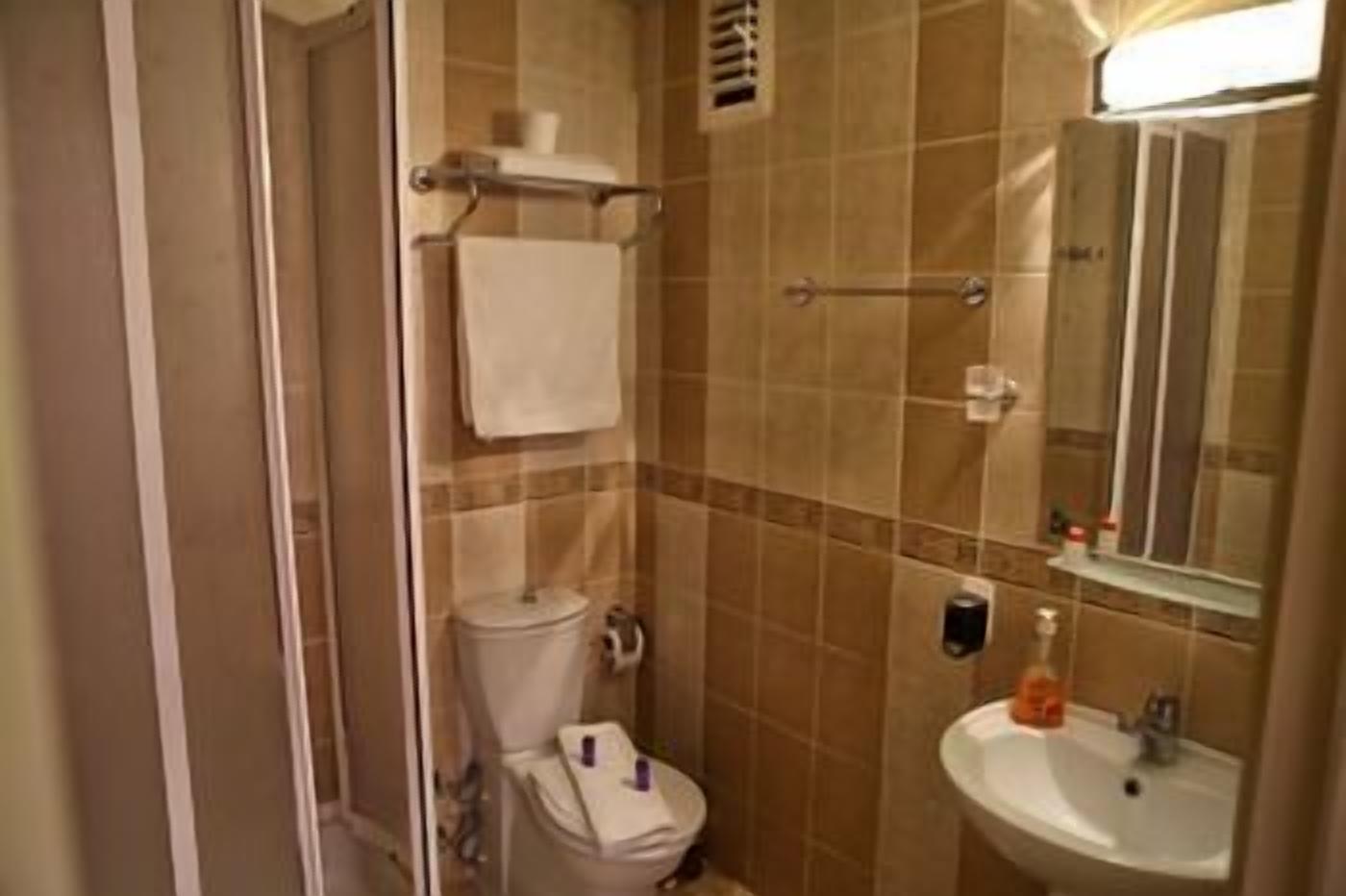 A bathroom with a toilet, sink, mirror, and towel rack.