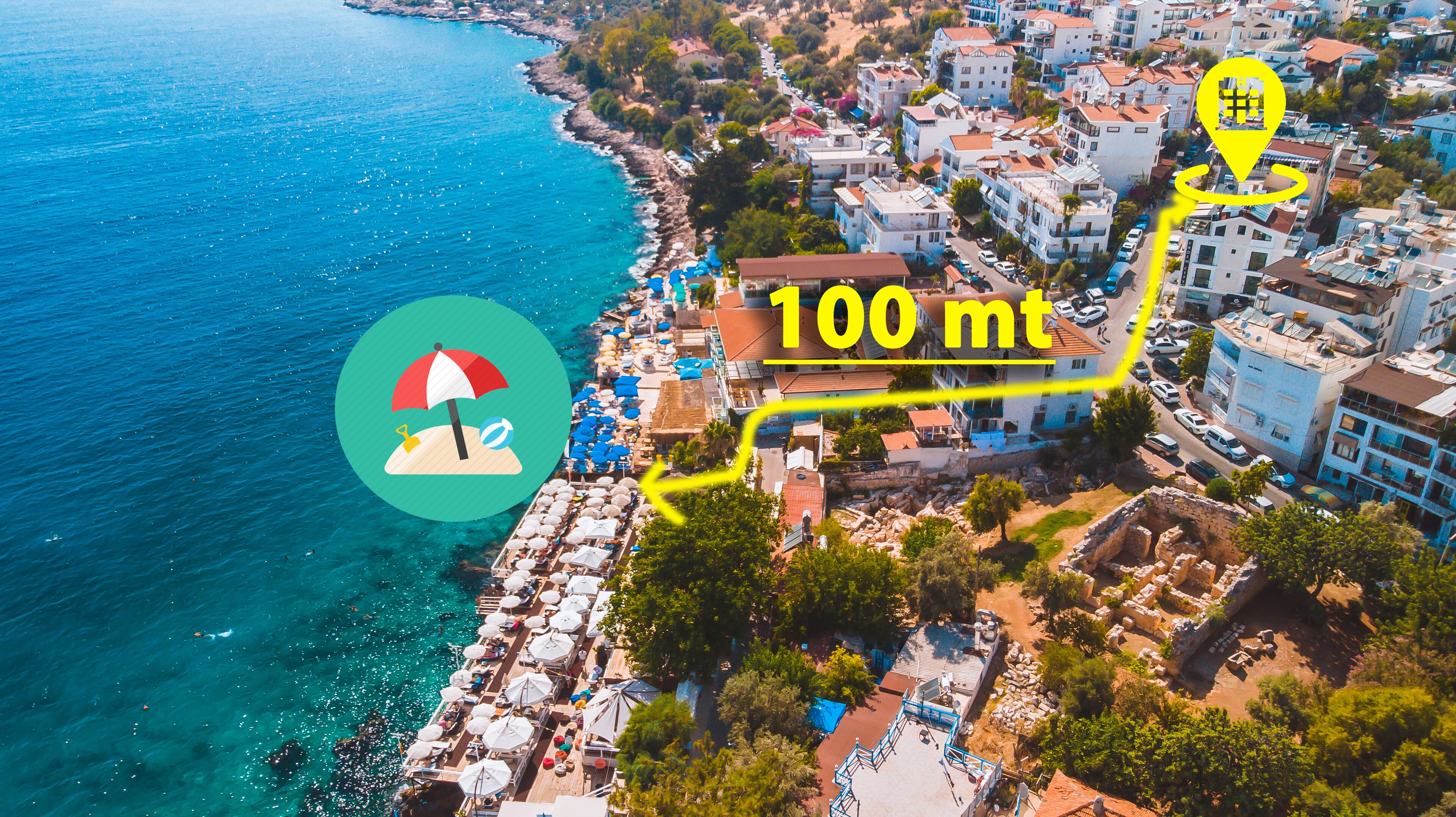 An aerial view of a coastal town with a beach area, buildings, and a marked distance of 100 meters.