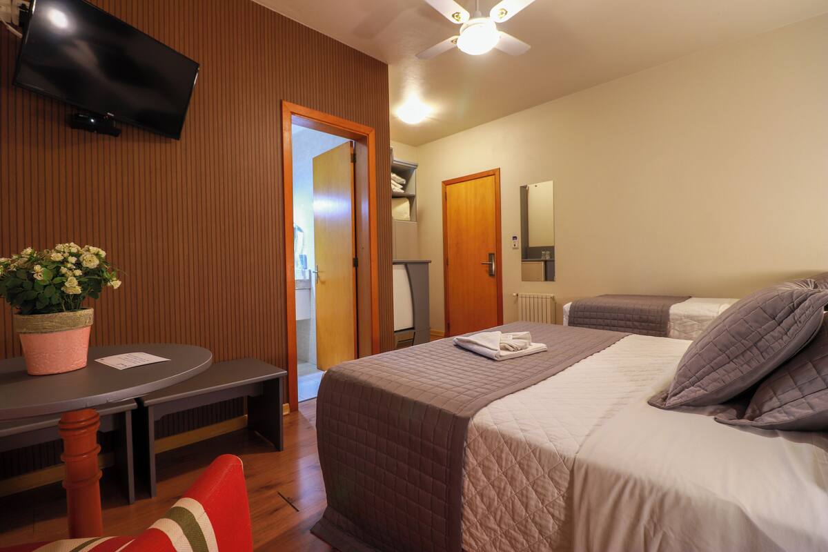 A hotel room with a bed, a TV, a ceiling fan, a table with a plant, and a bench.