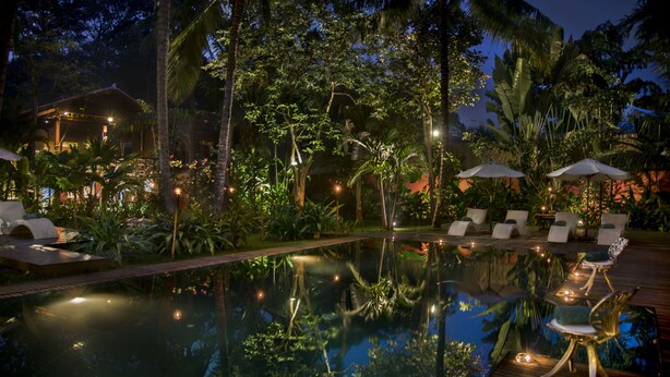 An outdoor pool area with lounge chairs and umbrellas, surrounded by lush tropical vegetation. - Maison Polanka (Siem Reap)