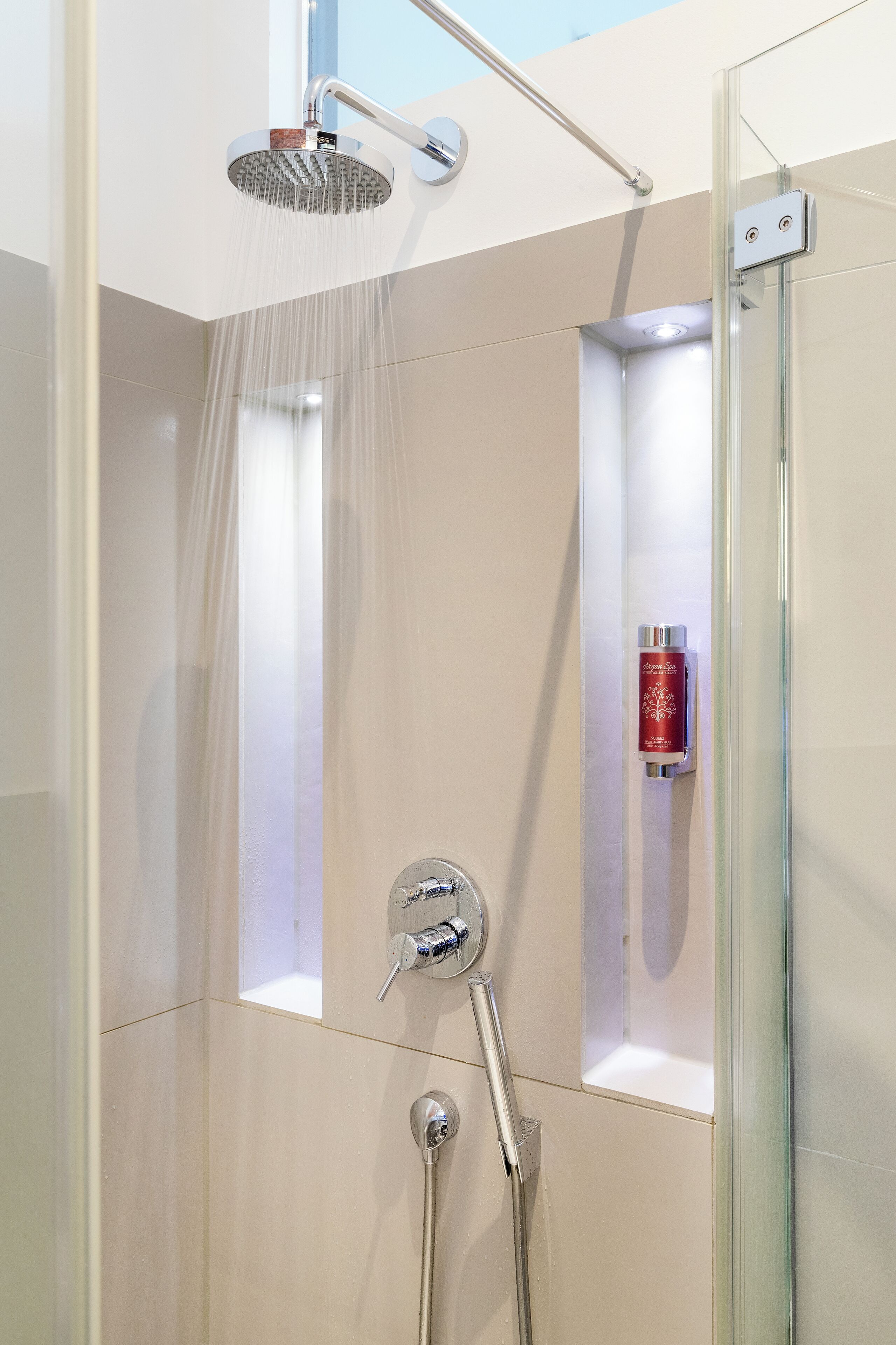 shower, rainfall showerhead, slippers, towels