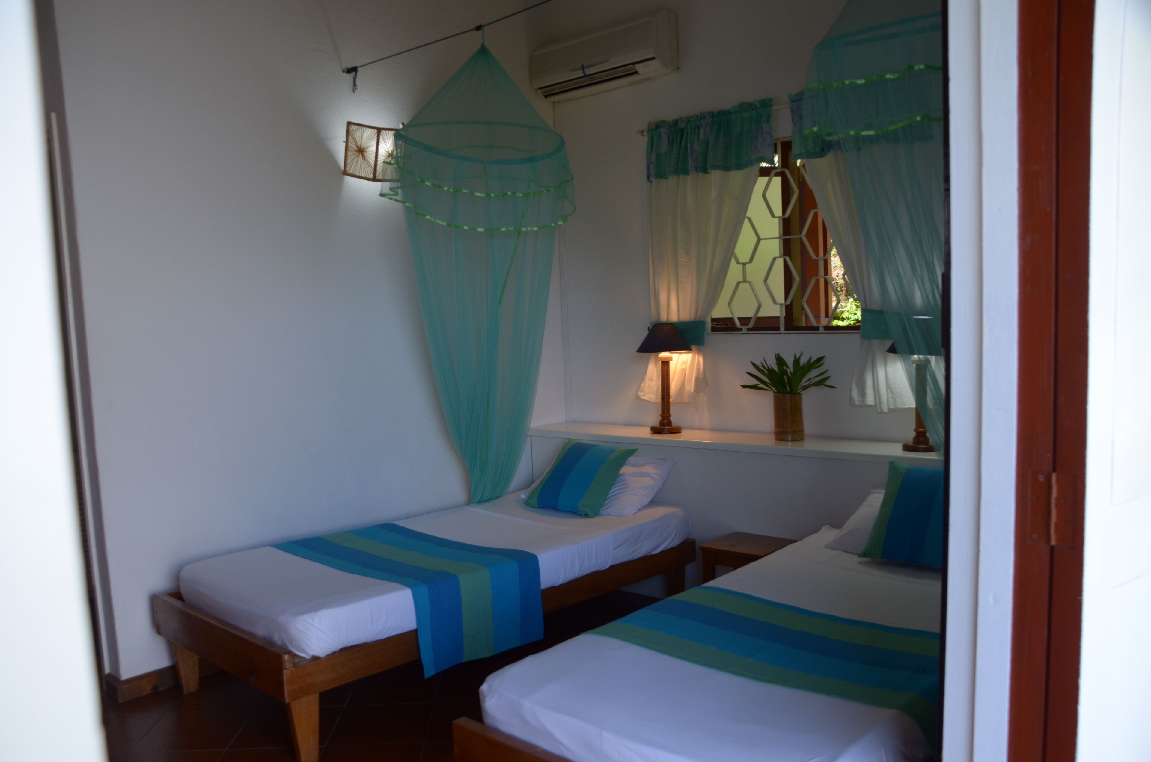 A room with two beds, a window with curtains, a bedside lamp, and a potted plant.
