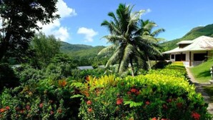 A lush garden with a palm tree, a building with a sloped roof, and a mountainous backdrop. - La Residence (Mahé Island)