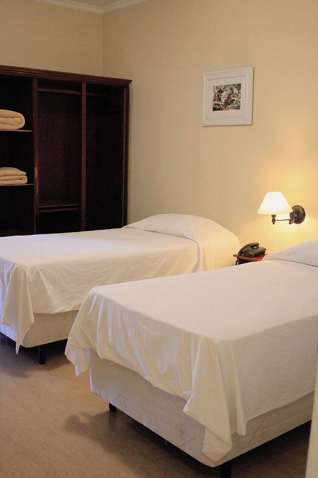 Dans une chambre d’hôtel, on trouve deux lits simples avec du linge de lit blanc, une armoire en bois, un tableau encadré accroché au mur et une lampe de chevet.