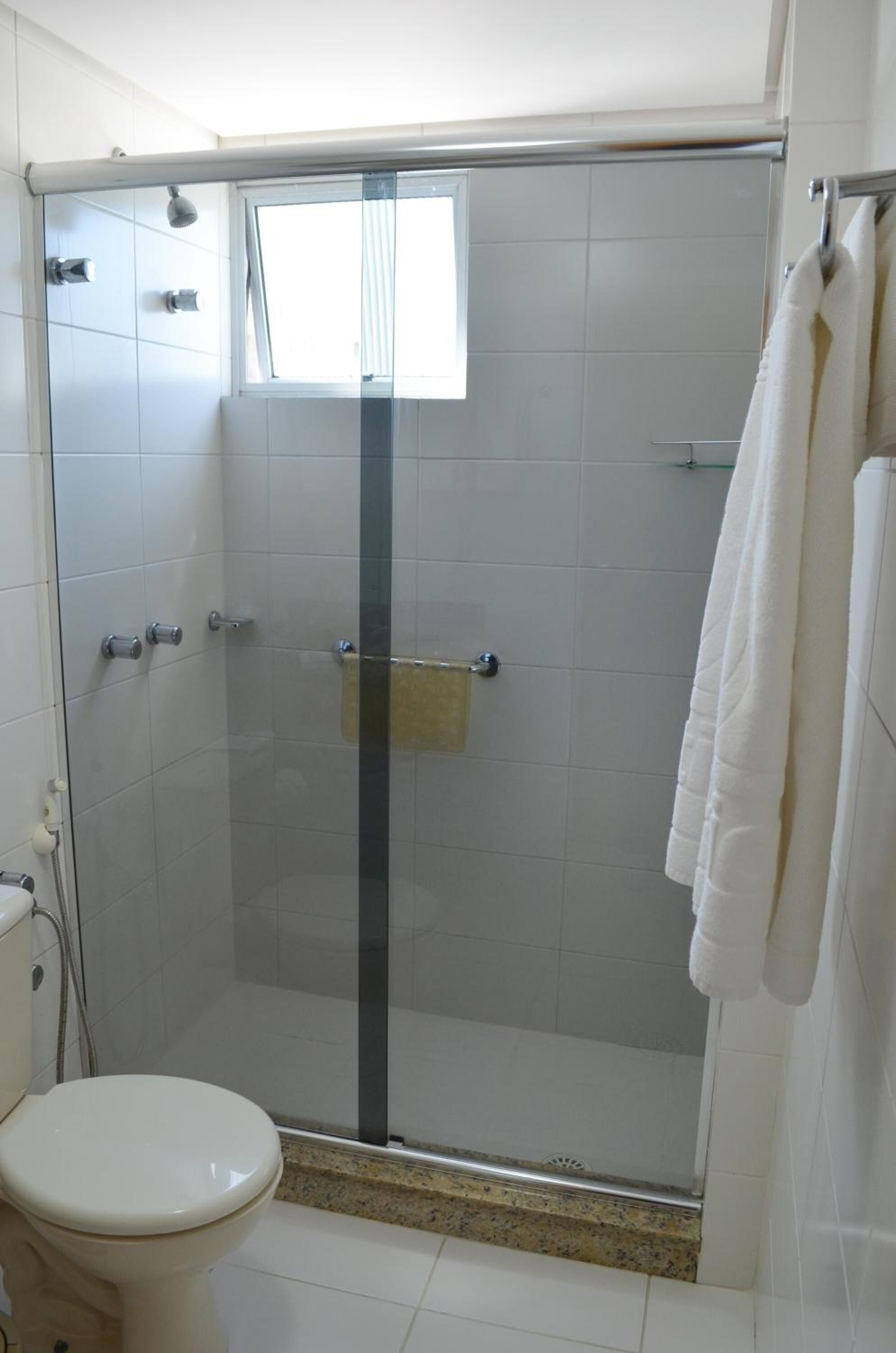 Un baño con ducha vidriada, inodoro y perchero para toallas.