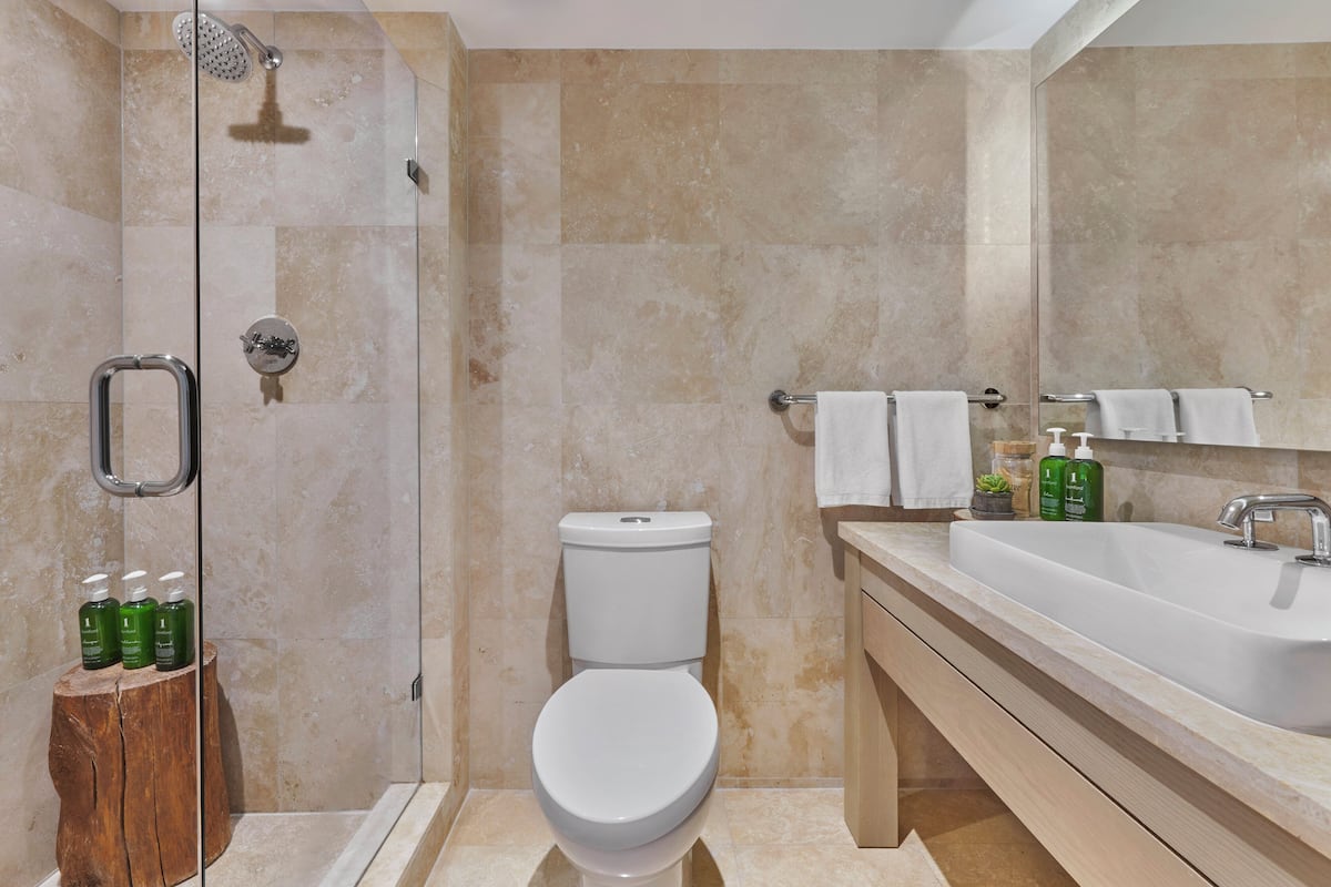 A modern bathroom with a glass-enclosed shower, a white toilet, a large sink, and a vanity with a mirror.