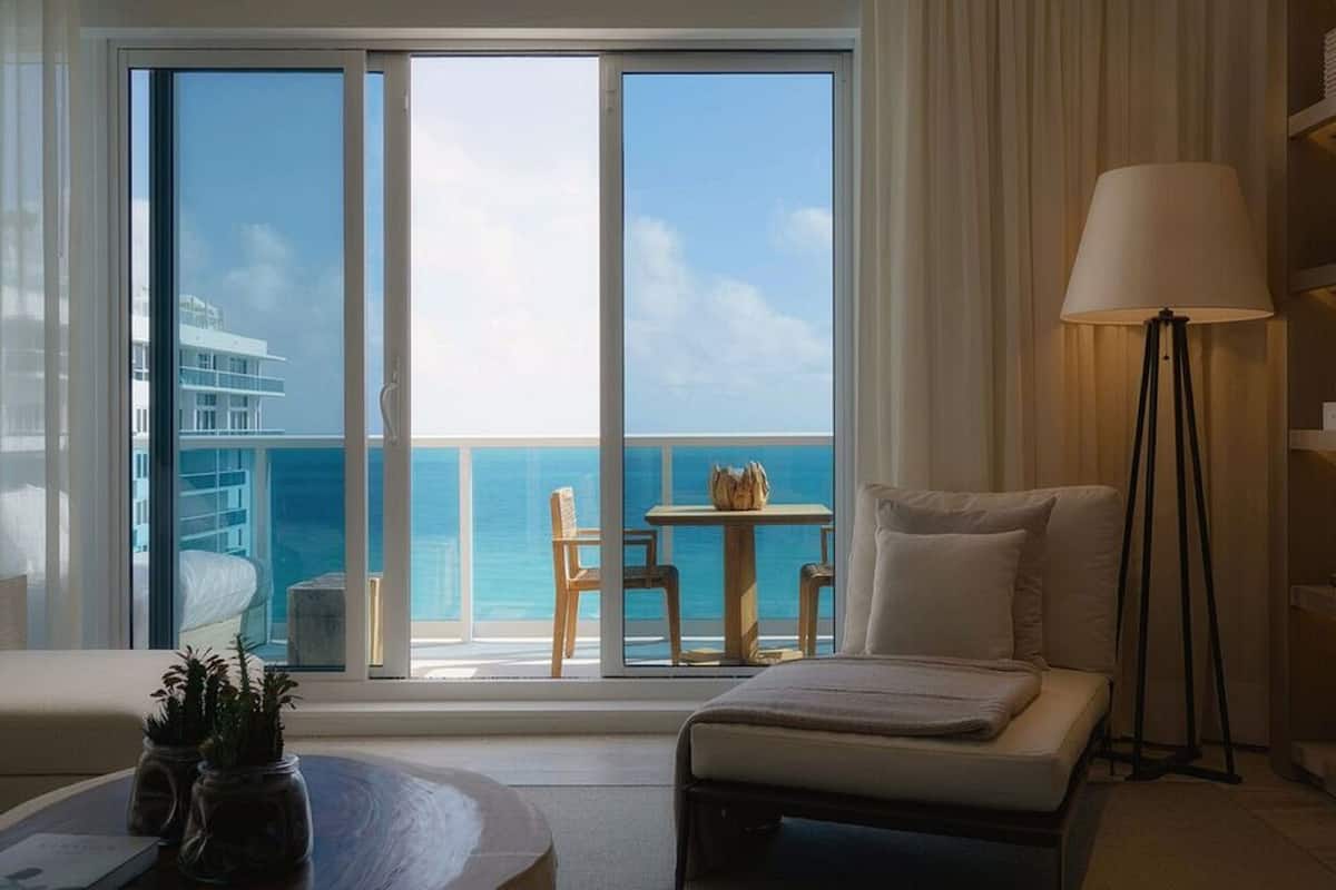 A modern hotel room with a large sliding glass door leading to a balcony with a view of the ocean and a building. There is a sofa, a small table with chairs, and a floor lamp.