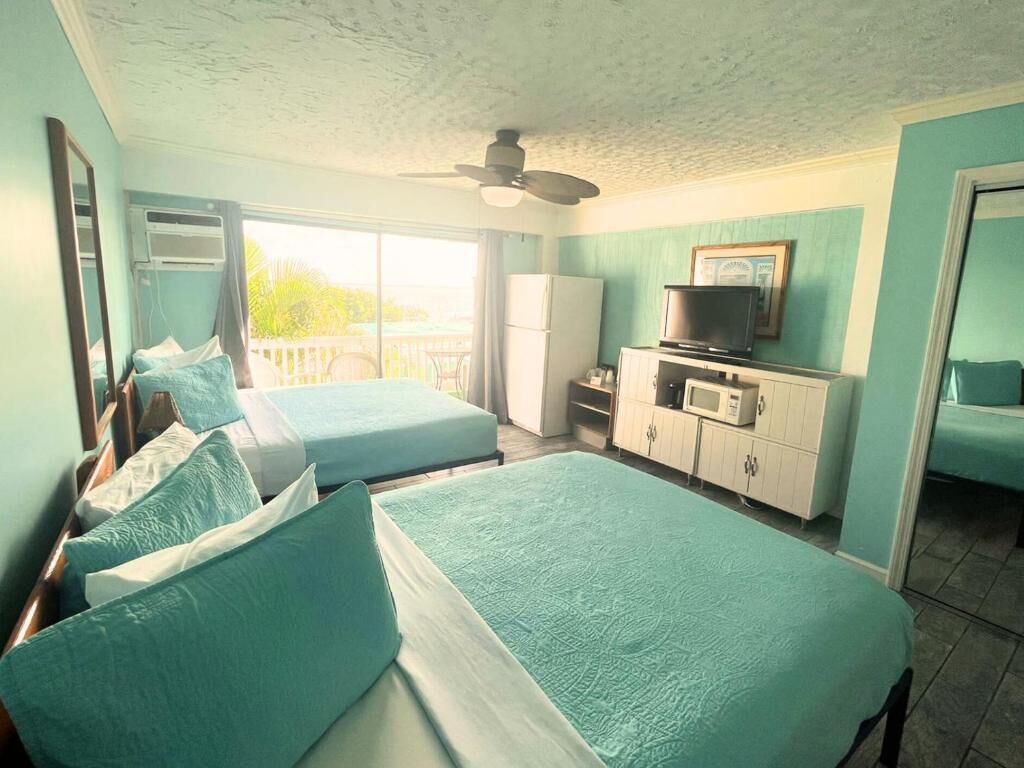 Une chambre avec deux lits, un ventilateur de plafond, une télévision et une fenêtre donnant sur un beau paysage.