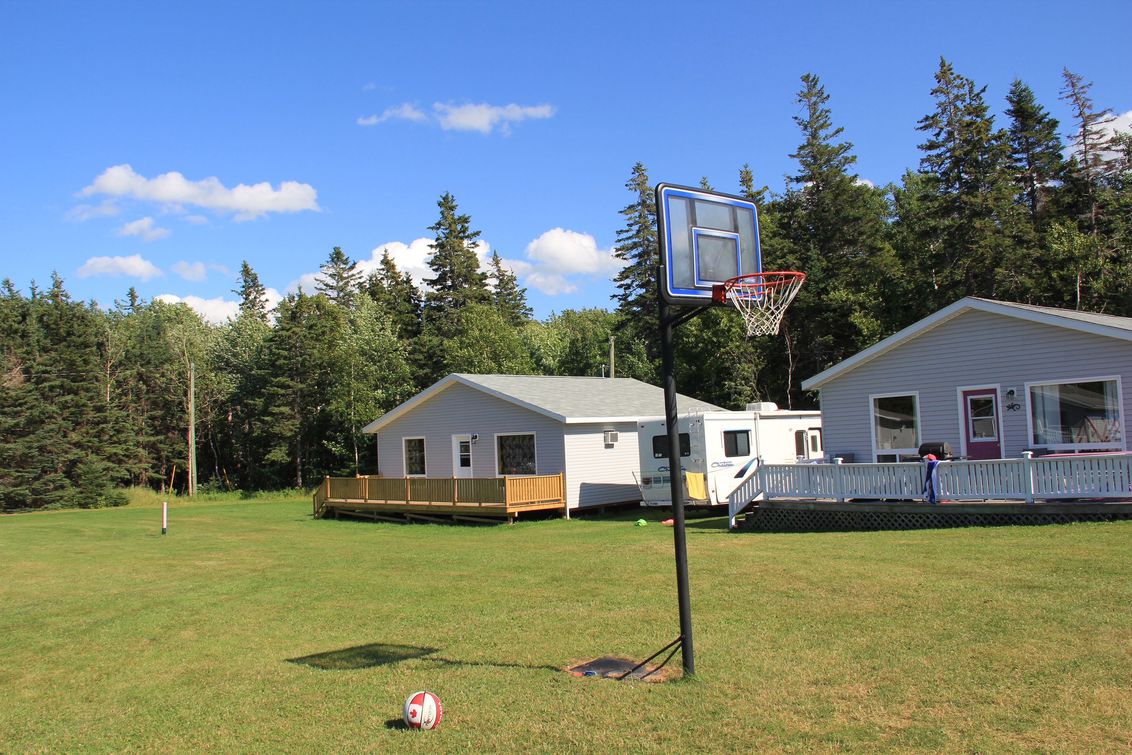 Una cancha de baloncesto con un aro, una casa y un bosque al fondo.