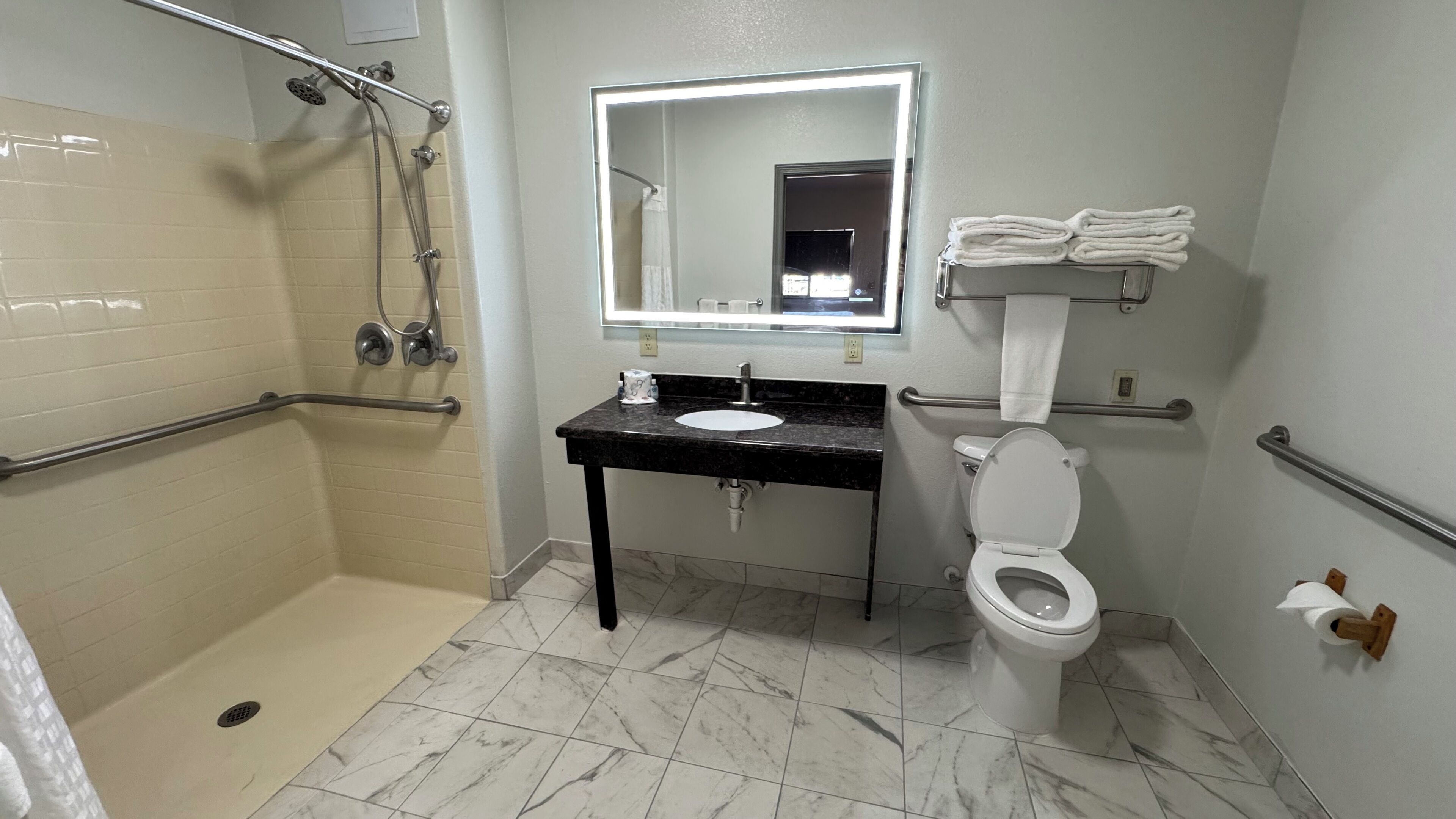 Ein Badezimmer mit begehbarer Dusche, Waschbecken, Toilette und Handtuchhalter.