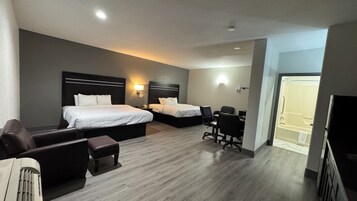 Desk, laptop workspace, blackout drapes, iron/ironing board