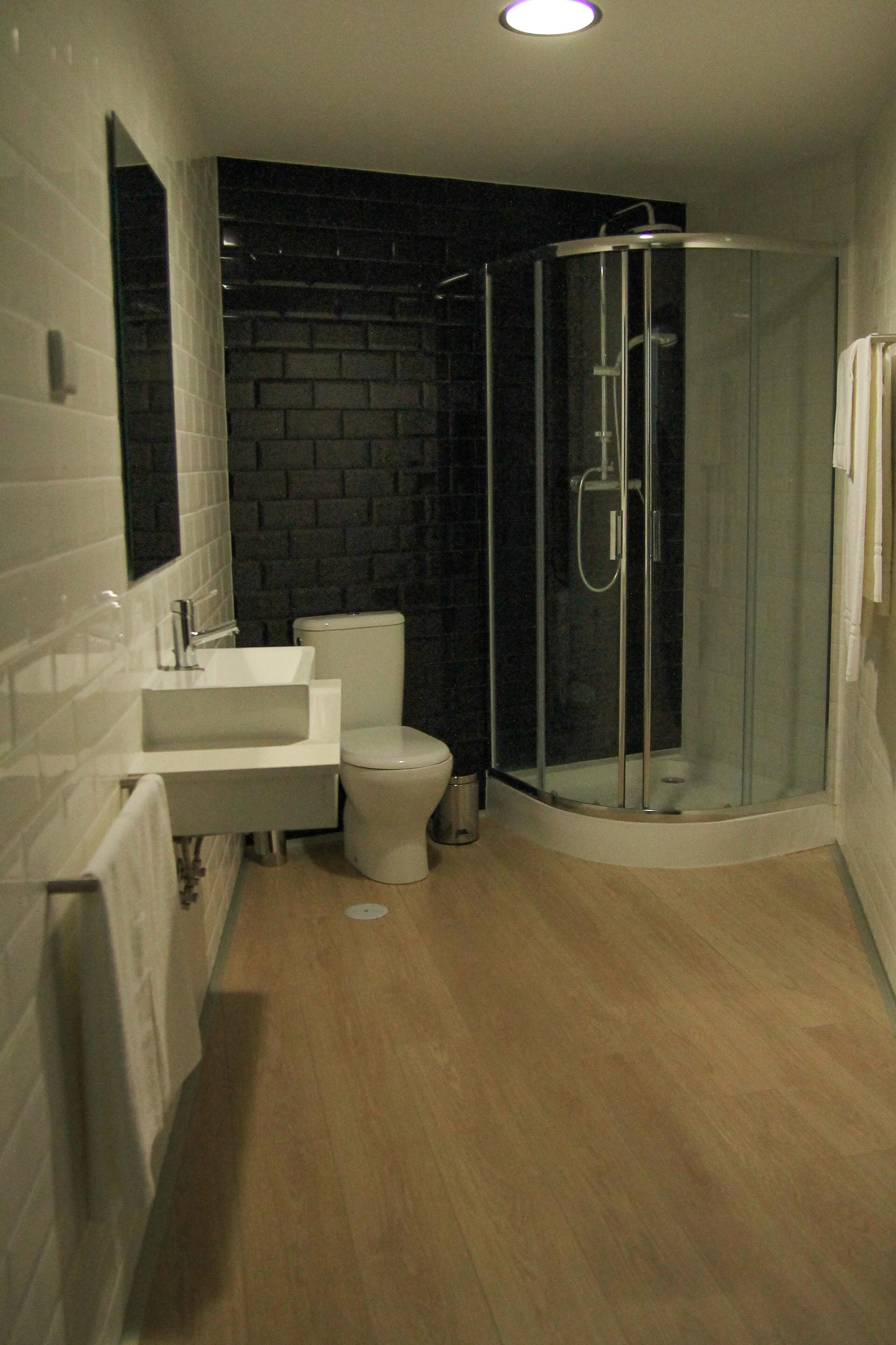 A modern bathroom with a glass-enclosed shower, a white sink, and a toilet.