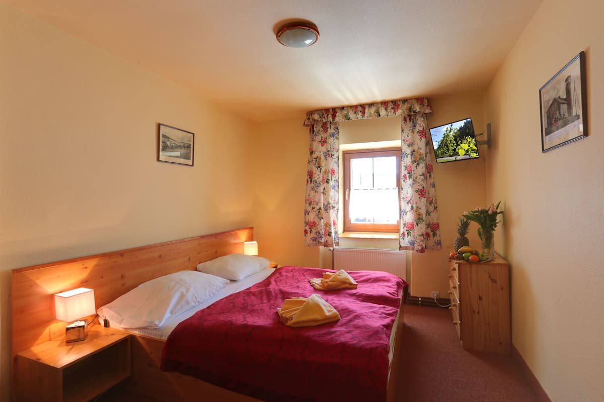 Een slaapkamer met een houten bed, een nachtkastje met een lamp, een houten dressoir en een televisie aan de muur.