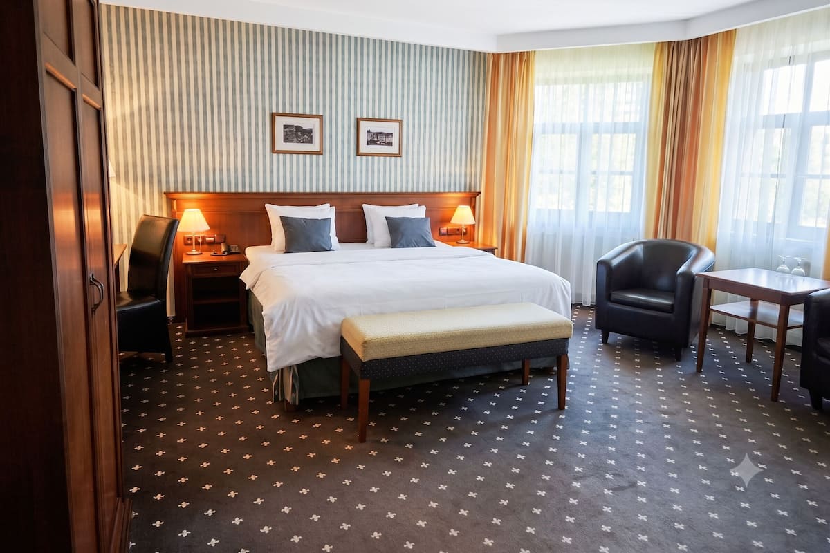 A hotel room with a large bed, bedside tables, a desk, and a chair.