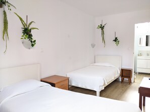 A bedroom with two single beds, a small bedside table, a nightstand, and a hanging plant. - Casa Londres (Cascais)