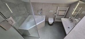 A modern bathroom with a glass-enclosed shower, a standalone bathtub, a toilet, and a vanity with a sink.