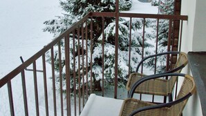 A balcony with a metal railing, a wicker chair, and a view of a snow-covered landscape with houses and trees. - Hotel Harrachov Inn (Harrachov)
