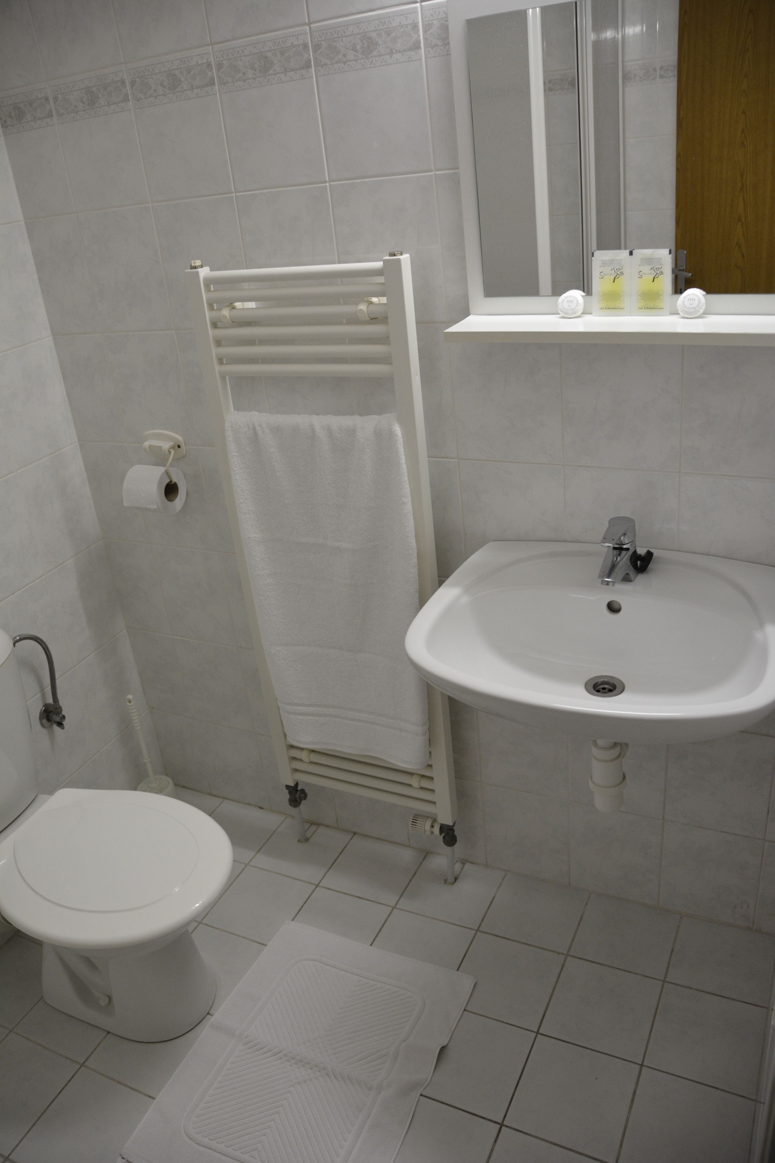 Un baño con inodoro, lavamanos y toallero.