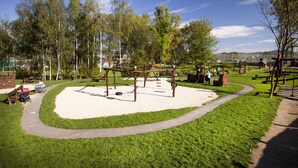 A playground with swings and a sandpit, surrounded by grass and trees. - Hotel Arena (Liberec)