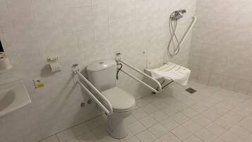 A standard bathroom with a toilet, a bidet, and a shower.