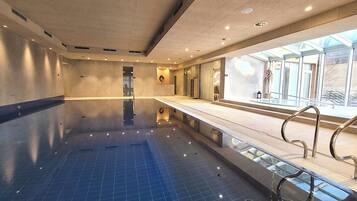 Indoor pool, open 10:30 AM to 8:00 PM, sun loungers, lifeguards on site