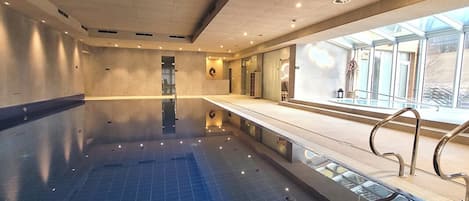 Indoor pool, open 10:30 AM to 8:00 PM, sun loungers, lifeguards on site