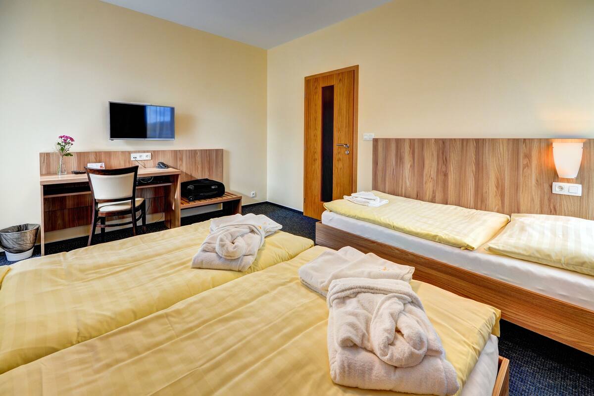 Ein Hotelzimmer mit zwei Betten, einem Schreibtisch, einem Sessel, einem Fernseher und einer Holztür.