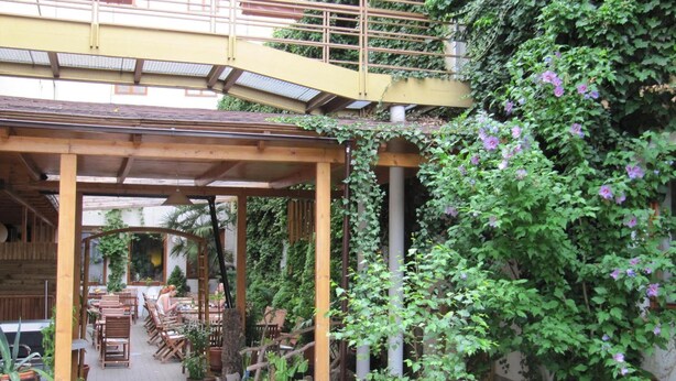 An outdoor patio area with wooden furniture and potted plants, featuring a covered walkway and a view of a building in the background. - Amphone (Brno)