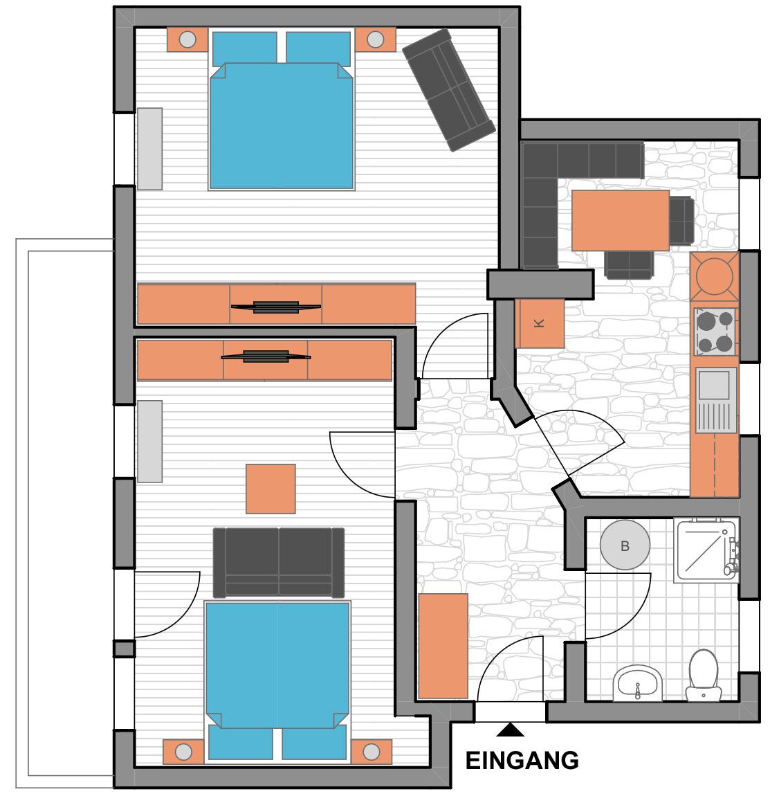 Distribución de una habitación de hotel con cama, escritorio, silla, una mesita y baño.
