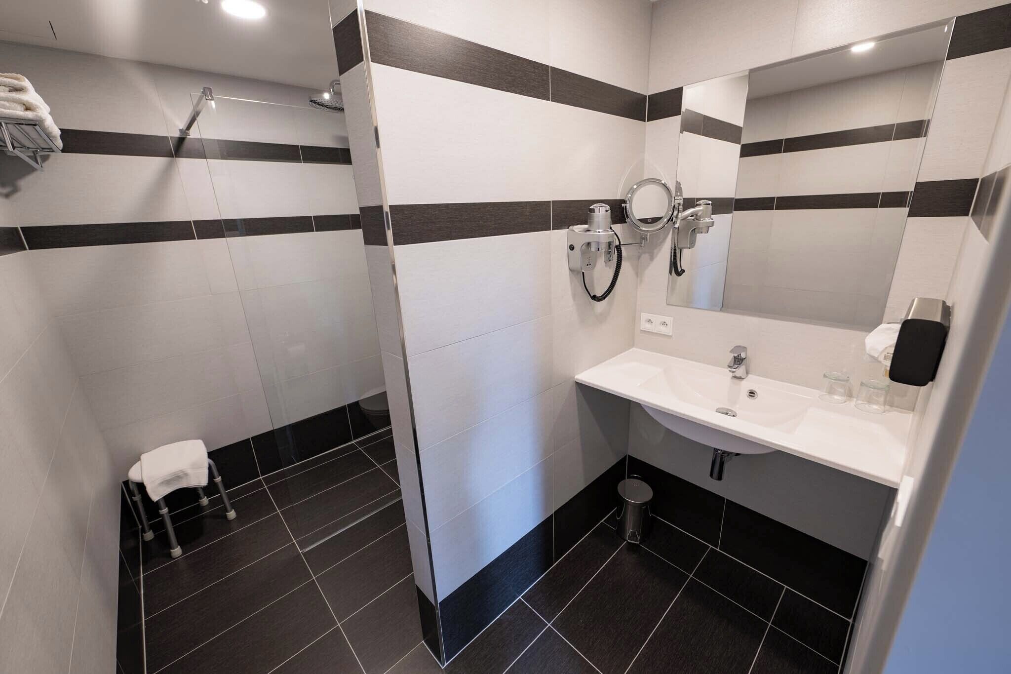 junior studio suite, 1 queen bed with sofa bed, non smoking, courtyard view | bathroom | free toiletries, hair dryer, towels