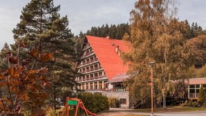 A traditional building with a steep red roof, surrounded by trees and a playground.